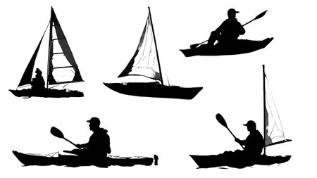 Set of Six Black Solid Kayak with Sail isolated on plain white background.のイラスト素材