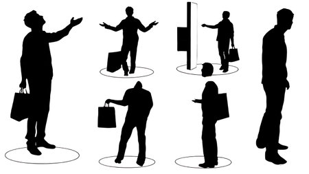 Six Dynamic Black Solid Lost and Confused Shopper Silhouettes isolated on plain white background.のイラスト素材