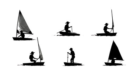 Six Black Solid Junior Sailor Optimist Silhouettes isolated on plain white background.のイラスト素材