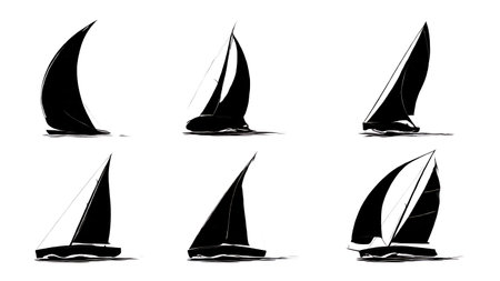 Six Black Solid Keelboat Broach Silhouettes isolated on plain white background.のイラスト素材