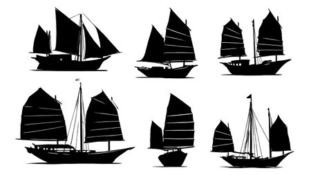 Six Black Solid Junk Rig Sailboat Silhouettes isolated on plain white background.のイラスト素材