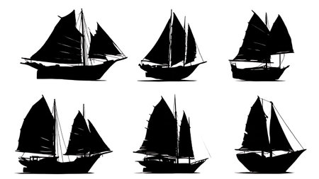 Six Dynamic Black Solid Junk Rig Reefing isolated on plain white background.のイラスト素材