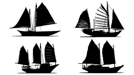 Six Black Solid Junk Rig Sailboat Silhouettes isolated on plain white background.のイラスト素材
