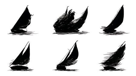 Six Black Solid Keelboat Broach Silhouettes isolated on plain white background.のイラスト素材