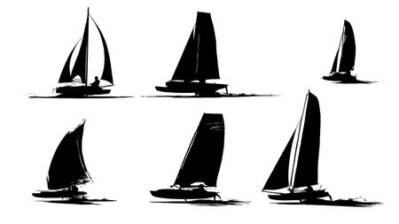 Six Dynamic Black Solid Land Yacht Silhouettes isolated on plain white background.のイラスト素材