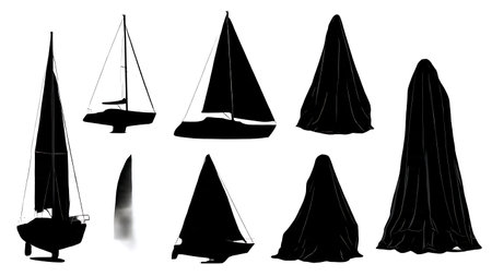Collection of Six Black Solid Mainsail Cover and Lazy Bag isolated on plain white background.のイラスト素材