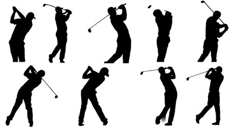 Six Dynamic Black Solid Low-Angle Golf Swing isolated on plain white background.のイラスト素材