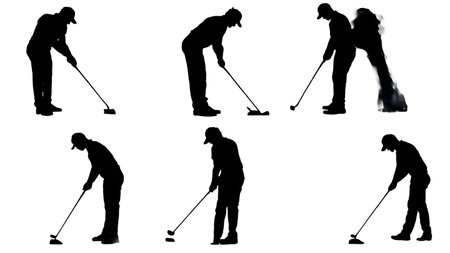 Collection of Six Black Solid Golfer with Launch Monitor isolated on plain white background.のイラスト素材