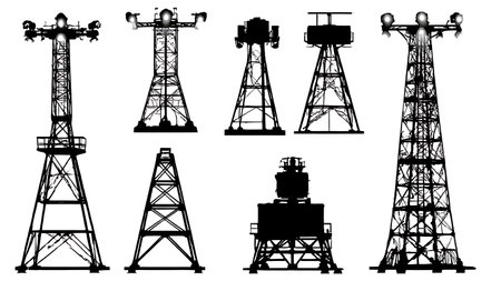 Set of Six Black Solid Light Tower Silhouettes isolated on plain white background.のイラスト素材