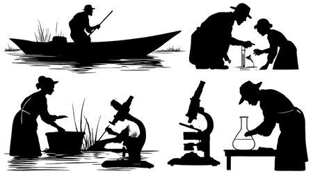 Collection of Six Black Solid Limnologist Lake Study Silhouettes isolated on plain white background.のイラスト素材