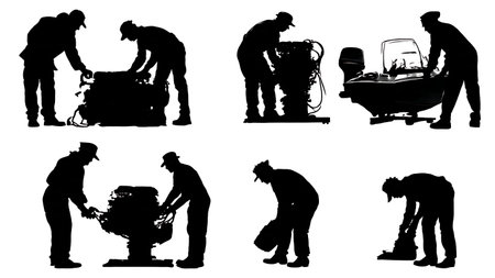 Marine Mechanic Servicing Boat Engine Silhouette Collection isolated on plain white background.のイラスト素材