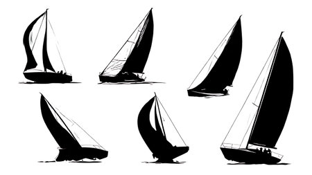 Six Black Solid Keelboat Broach Silhouettes isolated on plain white background.のイラスト素材
