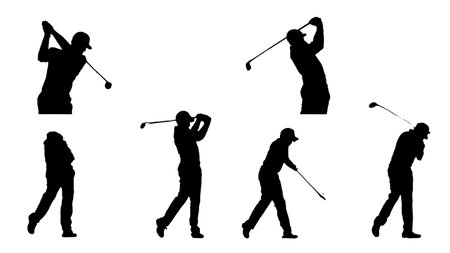 Six Black Solid Left-Handed Golfer Swing Silhouettes isolated on plain white background.のイラスト素材