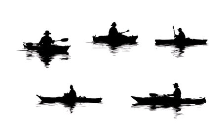 Six Black Solid Placid Lake Kayaking isolated on plain white background.のイラスト素材