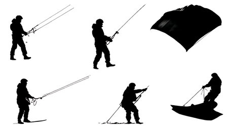 Six Black Solid Kite Sailing Silhouettes isolated on plain white background.のイラスト素材
