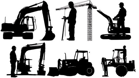 Six Black Solid Construction Machine Operator Silhouettes isolated on plain white background.のイラスト素材