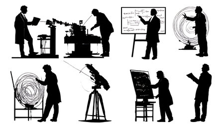 Six Black Solid Physicist in Action Silhouettes on White Background isolated on plain white background.のイラスト素材