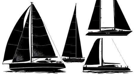 Set of Six Black Solid Luxury Mega Yacht Silhouettes isolated on plain white background.のイラスト素材