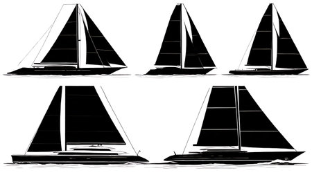 Set of Six Black Solid Luxury Mega Yacht Silhouettes isolated on plain white background.のイラスト素材