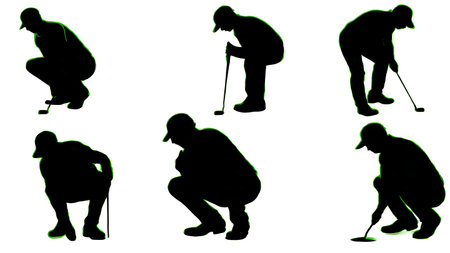 Six Black Solid Golfer Putting Silhouettes isolated on plain white background.のイラスト素材