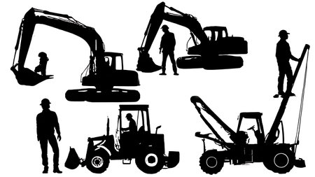 Six Black Solid Construction Machine Operator Silhouettes isolated on plain white background.のイラスト素材