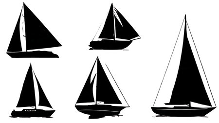Collection of Six Black Solid Reefed Sails Silhouettes isolated on plain white background.のイラスト素材