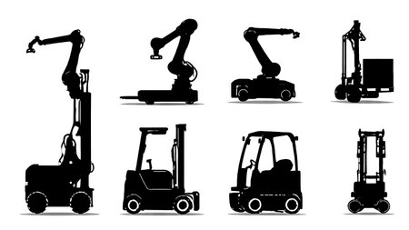 Six Black Solid Logistics Robot Silhouettes isolated on plain white background.のイラスト素材