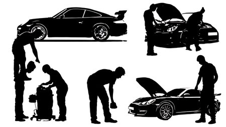 Car Performance Upgrade Installation Silhouette Collection isolated on plain white background.のイラスト素材