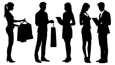 Collection of Six Black Solid Personal Shopper Silhouettes isolated on plain white background.のイラスト素材