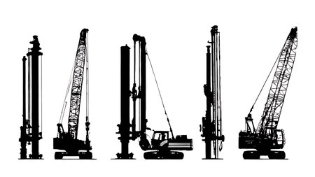 Six Black Solid Pile Driver Silhouettes isolated on plain white background.のイラスト素材