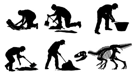 Set of Six Black Solid Paleontologist Fossil Excavation Silhouettes isolated on plain white background.のイラスト素材
