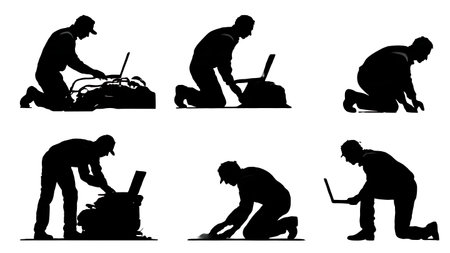 Race Mechanic Tuning Engine with Laptop Silhouette Collection isolated on plain white background.のイラスト素材