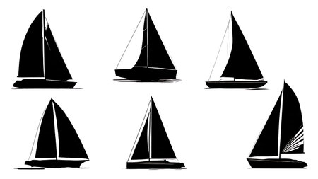 Set of Six Black Solid Sail Type Silhouettes isolated on plain white background.のイラスト素材