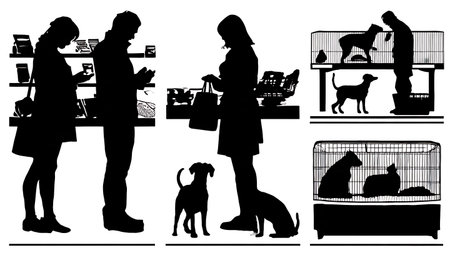 Six Black Solid Pet Store Shopper Silhouettes isolated on plain white background.のイラスト素材