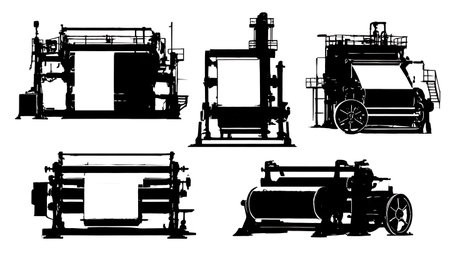 Set of Six Black Solid Paper Mill Machine Silhouettes isolated on plain white background.のイラスト素材