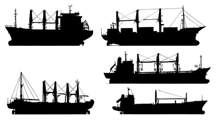 Six Dynamic Black Solid Sailing Cargo Ship isolated on plain white background.のイラスト素材