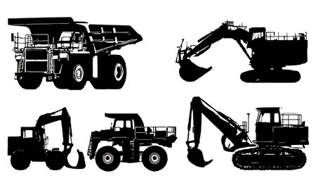 Six Black Solid Massive Mining Equipment Lineup isolated on plain white background.のイラスト素材