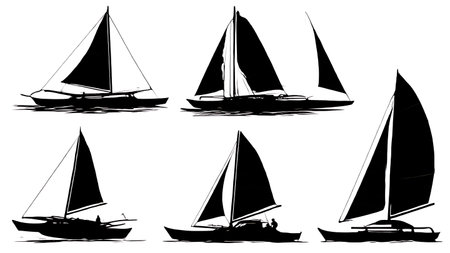 Six Dynamic Black Solid Proa Silhouettes isolated on plain white background.のイラスト素材