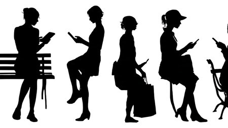 Six Dynamic Black Solid Shopper Using In-Store WiFi isolated on plain white background.のイラスト素材