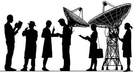 Six Black Solid Radio Astronomer Silhouettes isolated on plain white background.のイラスト素材