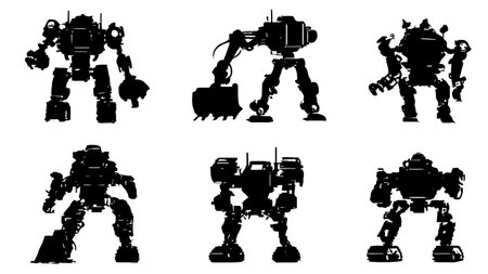 Set of Six Black Solid Demolition Robot Silhouettes isolated on plain white background.のイラスト素材