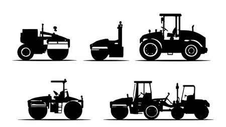 Six Black Solid Road Roller and Compactor Silhouettes isolated on plain white background.のイラスト素材