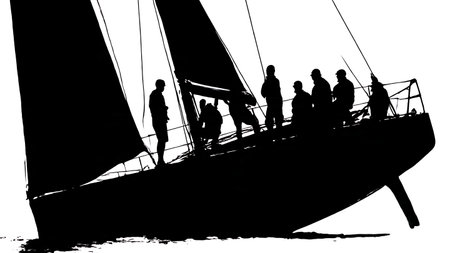 Set of Six Black Solid Racing Yacht Heeling Silhouettes on White Background isolated on plain white background.のイラスト素材