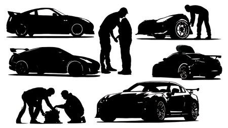 Car Performance Upgrade Installation Silhouette Collection isolated on plain white background.のイラスト素材