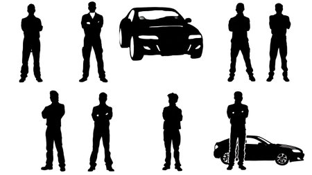 Proud Mechanic with Repaired Car Silhouette Pack isolated on plain white background.のイラスト素材