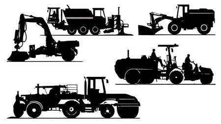 Six Black Solid Road Construction Vehicle Lineup isolated on plain white background.のイラスト素材