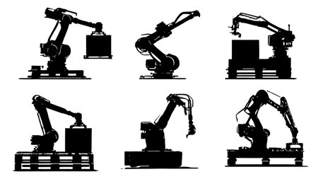 Six Black Solid Robotic Palletizer isolated on plain white background.のイラスト素材