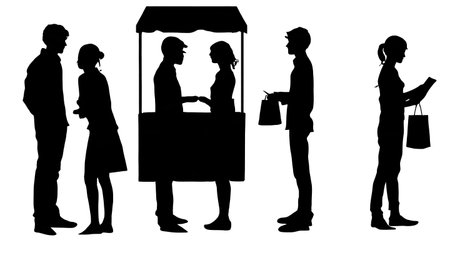 Set of Six Black Solid Pop-Up Shop Customer Silhouettes isolated on plain white background.のイラスト素材