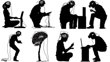 Set of Six Black Solid Psychobiologist Experiment Silhouettes isolated on plain white background.のイラスト素材