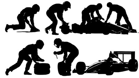 Black Solid Race Car Pit Stop Mechanic Silhouettes isolated on plain white background.のイラスト素材